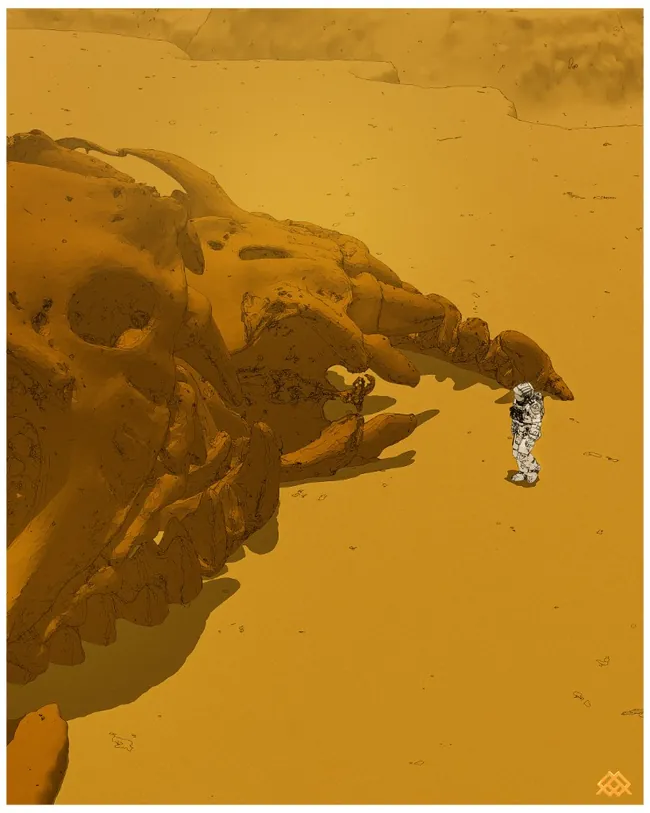 Colossal Remains, astronaut and desert skull