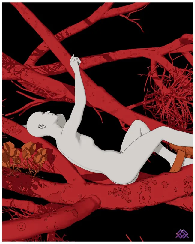Crimson Lattice, figure among red branches