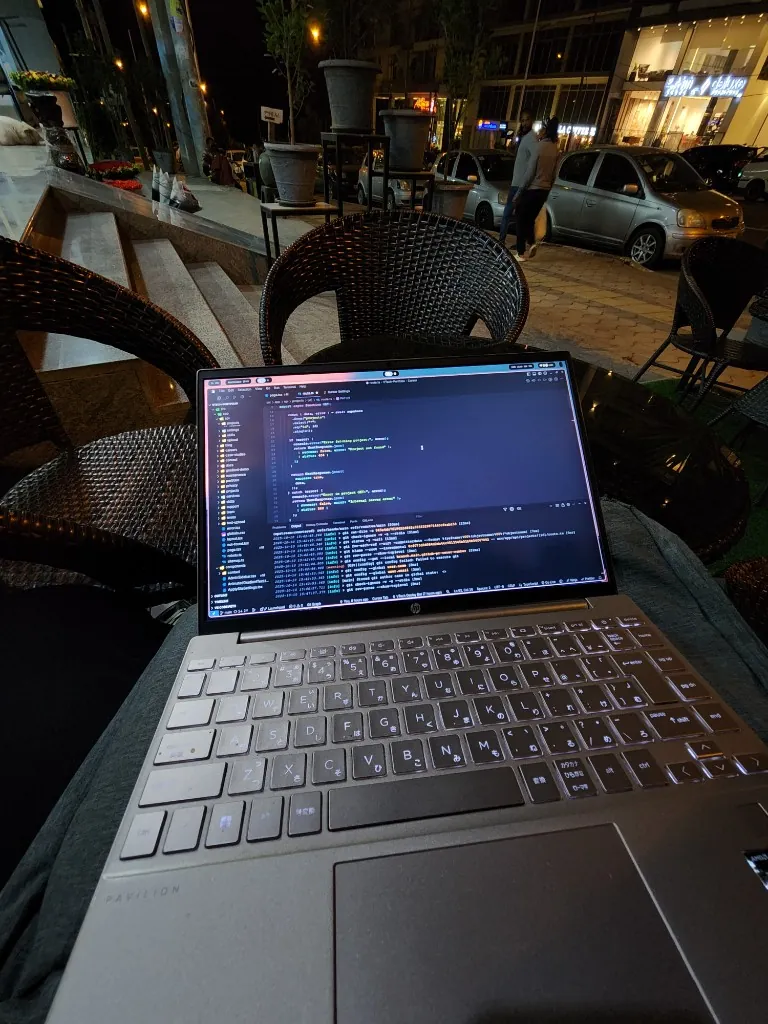 NatiFlux working on Vtech portfolio code outdoors at night